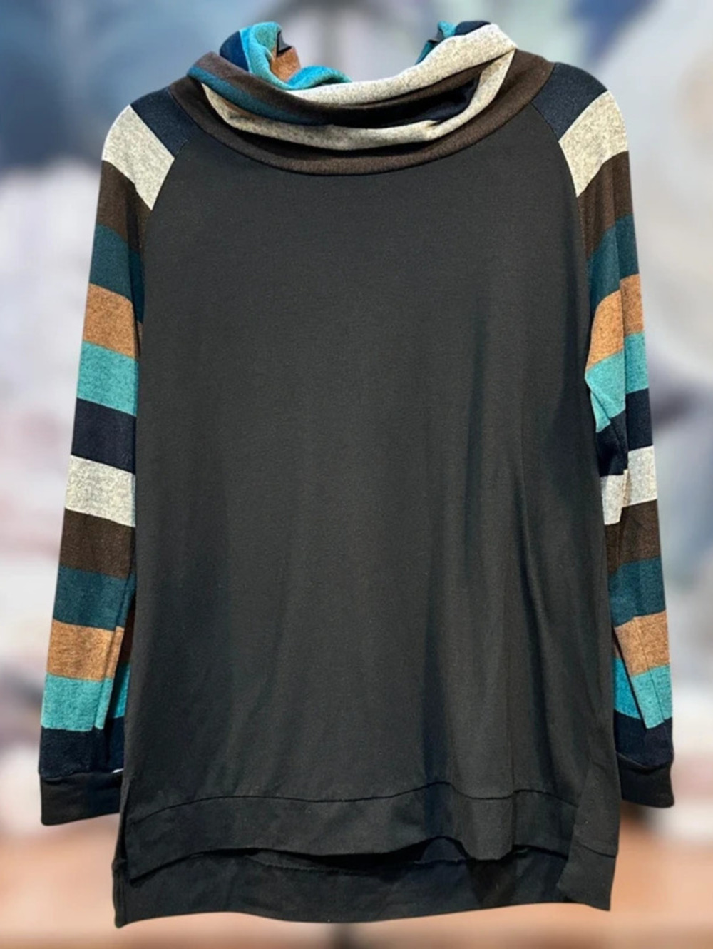 Colorblock Cowl Neck Tunic Top Size L Striped Raglan Sleeve Cozy Casual Black